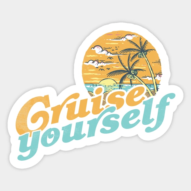 Cruise Yourself, funny 60s retro sunset palms at the beach Sticker by emmjott